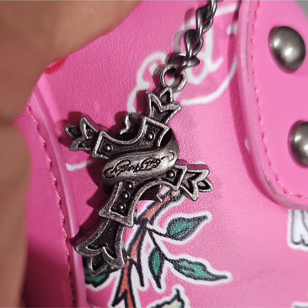 Y2K STYLE - Ed Hardy Pink Stud Shoulder Bag Skull Rose Graphic- see description - Picture 7 of 16